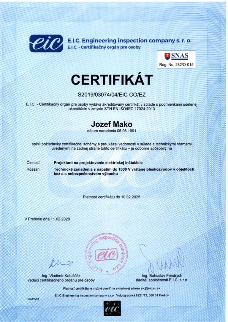 Certifikát projektanta elektrických zariadení