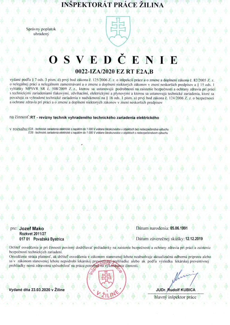 Osvedčenie revízneho technika elektrických zariadení