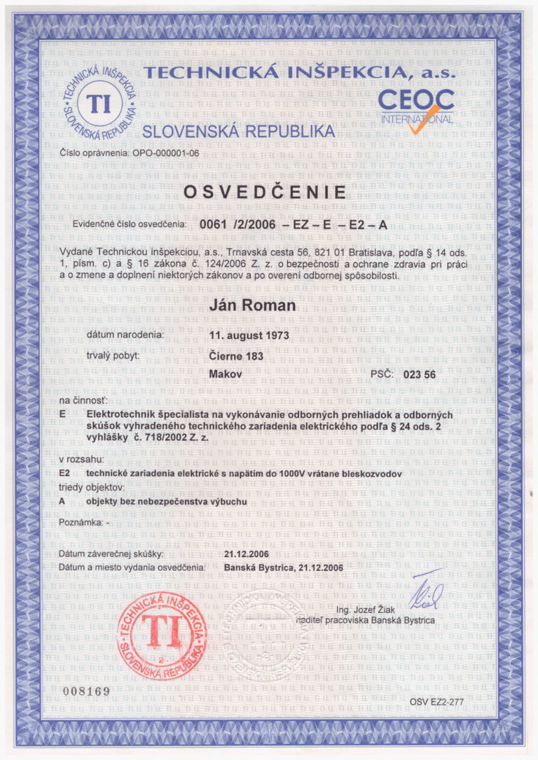 Osvedčenie Technickej inšpekcie SR z roku 2007 – revízny technik